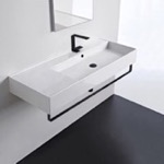 Scarabeo 5122-TB-BLK Rectangular Ceramic Wall Mounted Sink, Matte Black Towel Bar Included