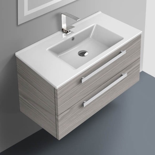 Floating Bathroom Vanity, Modern, 34 Inch, Grey Walnut ACF DA05-Grey Walnut