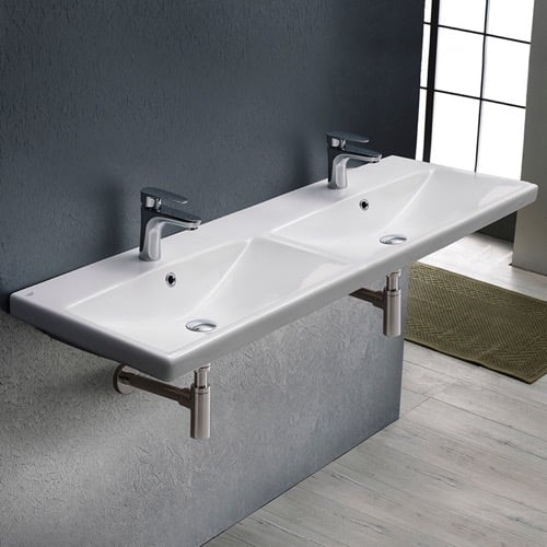Rectangular Double White Ceramic Wall Mounted or Drop In Sink CeraStyle 032500-U