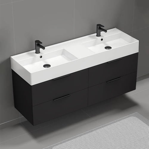 56 Inch Bathroom Vanity, Double Sink, Wall Mounted, Black Nameeks DERIN42
