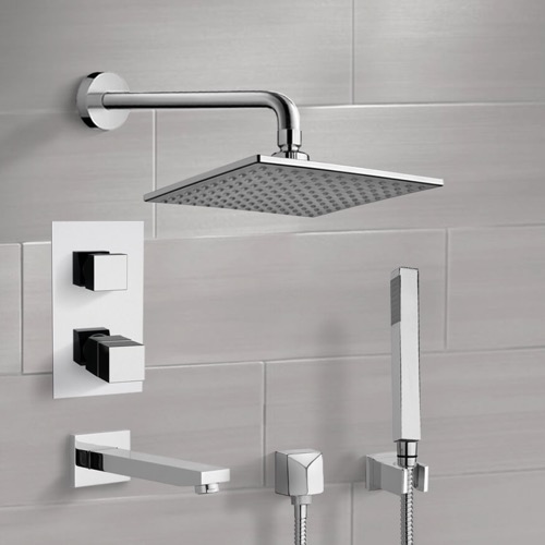 Chrome Thermostatic Tub and Shower System with 8 Inch Rain Shower Head and Hand Shower Remer TSH07