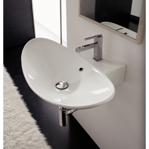 Oval-Shaped White Ceramic Wall Mounted or Vessel Sink Scarabeo 8205