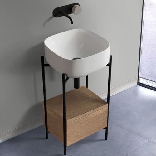 Small Console Sink Vanity With Ceramic Sink and Natural Brown Oak Drawer, 18 Inch Scarabeo 5501-DIVA-89