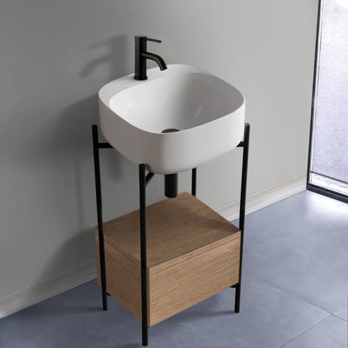 Small Console Sink Vanity With Ceramic Sink and Natural Brown Oak Drawer, 18 Inch Scarabeo 5504-DIVA-89