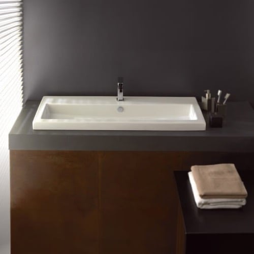 Rectangular White Ceramic Drop In or Wall Mounted Bathroom Sink Tecla 4003011A