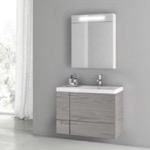 ACF ANS1416 Wall Mounted Bathroom Vanity & Sink, Grey Walnut, With Lighted Medicine Cabinet