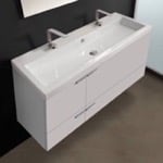 ACF ANS39-Glossy White Double Bathroom Vanity, Wide, Floating, 47 Inch, Glossy White