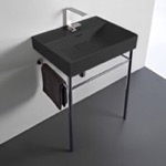 CeraStyle 037107-U-97-CON Rectangular Matte Black Ceramic Console Sink and Polished Chrome Stand