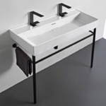 CeraStyle 037600-U-CON-BLK Trough White Ceramic Console Sink and Matte Black Stand