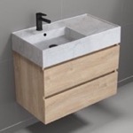 Nameeks BLOCK29 Modern Bathroom Vanity With Marble Design Sink, Wall Mount, 32 Inch, Brown Oak