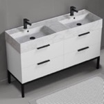 Nameeks DERIN106 56 Inch Bathroom Vanity With Marble Design Sink, Double Sink, Free Standing, Modern, Glossy White
