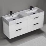 Nameeks DERIN110 56 Inch Bathroom Vanity With Marble Design Sink, Double Sink, Wall Mount, Modern, Glossy White