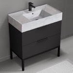 Nameeks DERIN115 Black Bathroom Vanity With Marble Design Sink, Modern, Free Standing, 32 Inch