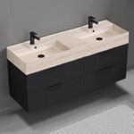 Nameeks DERIN144 56 Inch Bathroom Vanity With Beige Travertine Design Sink, Double Sink, Wall Mounted, Modern, Matte Black