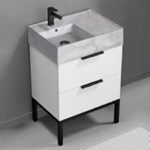 Nameeks DERIN98 Small Bathroom Vanity With Marble Design Sink, Floor Standing, 24 Inch, Glossy White