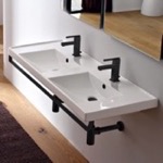 Scarabeo 3006-TB-BLK Double Basin Wall Mounted Ceramic Sink With Matte Black Towel Bar