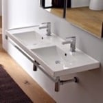Scarabeo 3006-TB Double Basin Wall Mounted Ceramic Sink With Polished Chrome Towel Bar