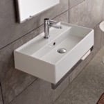 Scarabeo 5001-TB Rectangular Wall Mounted Ceramic Sink With Polished Chrome Towel Bar