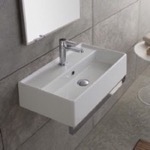 Bathroom Sink, Scarabeo 5003-TB, Rectangular Wall Mounted Ceramic Sink With Polished Chrome Towel Bar