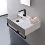Scarabeo 5114-TB-BLK Rectangular Ceramic Wall Mounted Sink, Matte Black Towel Bar Included