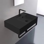 Scarabeo 5117-49-TB-BLK Matte Black Ceramic Wall Mounted Sink With Matte Black Towel Bar