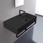 Scarabeo 5118-49-TB-BLK Matte Black Ceramic Wall Mounted Sink With Matte Black Towel Bar