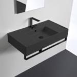 Bathroom Sink, Scarabeo 5123-49-TB-BLK, Matte Black Ceramic Wall Mounted Sink With Matte Black Towel Bar