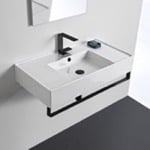 Bathroom Sink, Scarabeo 5123-TB-BLK, Rectangular Ceramic Wall Mounted Sink With Matte Black Towel Bar