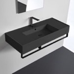 Scarabeo 5124-49-TB-BLK Matte Black Ceramic Wall Mounted Sink With Matte Black Towel Bar