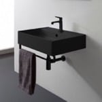 Scarabeo 8031/R-60-49-TB-BLK Matte Black Ceramic Wall Mounted Sink With Matte Black Towel Bar