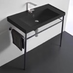 Bathroom Sink, Scarabeo 3005-49-CON, Matte Black Ceramic Console Sink and Polished Chrome Stand