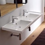 Bathroom Sink, Scarabeo 3006, Rectangular Double White Ceramic Drop In or Wall Mounted Bathroom Sink