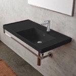 Bathroom Sink, Scarabeo 3009-49-TB, Wall Mounted Matte Black Ceramic Sink With Polished Chrome Towel Bar