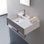 Bathroom Sink, Scarabeo 5114-TB, Rectangular Ceramic Wall Mounted Sink With Counter Space, Towel Bar Included
