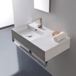 Scarabeo 5115-TB Rectangular Ceramic Wall Mounted Sink With Counter Space, Includes Towel Bar