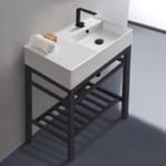 Bathroom Sink, Scarabeo 5118-CON2-BLK, Modern Ceramic Console Sink With Counter Space and Matte Black Base