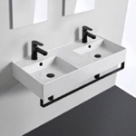 Scarabeo 5142-TB-BLK Double Ceramic Wall Mounted Sink With Black Towel Holder