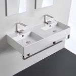 Scarabeo 5142-TB Double Ceramic Wall Mounted Sink With Polished Chrome Towel Holder