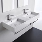Scarabeo 5143-TB Double Ceramic Wall Mounted Sink With Polished Chrome Towel Holder
