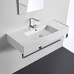 Scarabeo 5124-TB Rectangular Ceramic Wall Mounted Sink With Counter Space, Includes Towel Bar
