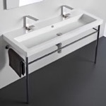 Bathroom Sink, Tecla CAN05011B-CON, Large Double Ceramic Console Sink and Polished Chrome Stand