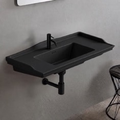 Rectangular Black Ceramic Wall Mounted Bathroom Sink