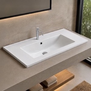 Drop In Bathroom Sink, White Ceramic, Rectangular