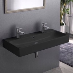 Trough Black Ceramic Wall Mounted or Vessel Sink