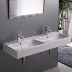 Double Rectangular Ceramic Wall Mounted or Vessel Sink