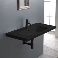 Wall Mount Sink - ADA, 35 inch, Rectangular, Modern, With Counter Space, Ceramic, Matte Black