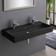 Trough Black Ceramic Wall Mounted or Vessel Sink