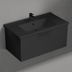 Wall Mounted Black Bathroom Vanity, Modern, 34 inch
