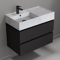 Wall Mounted Black Bathroom Vanity, Modern, 32 inch, Marble Style Sink