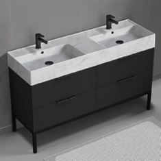 Modern Black Double Bathroom Vanity, 56 inch, Marble Style Sink, Free Standing